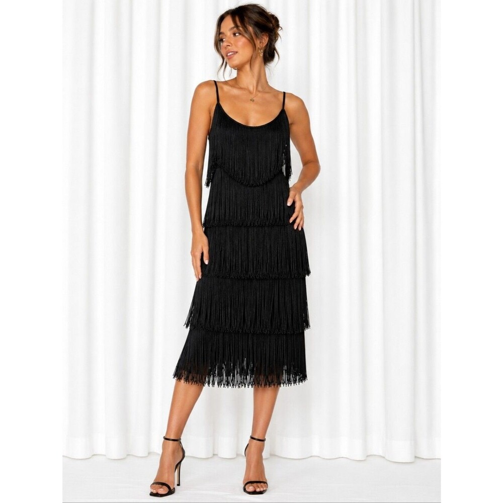 Vintage Glenrob LTD 70s Black Tiered Tassel Fringe Sleek Gatsby Flapper Dress